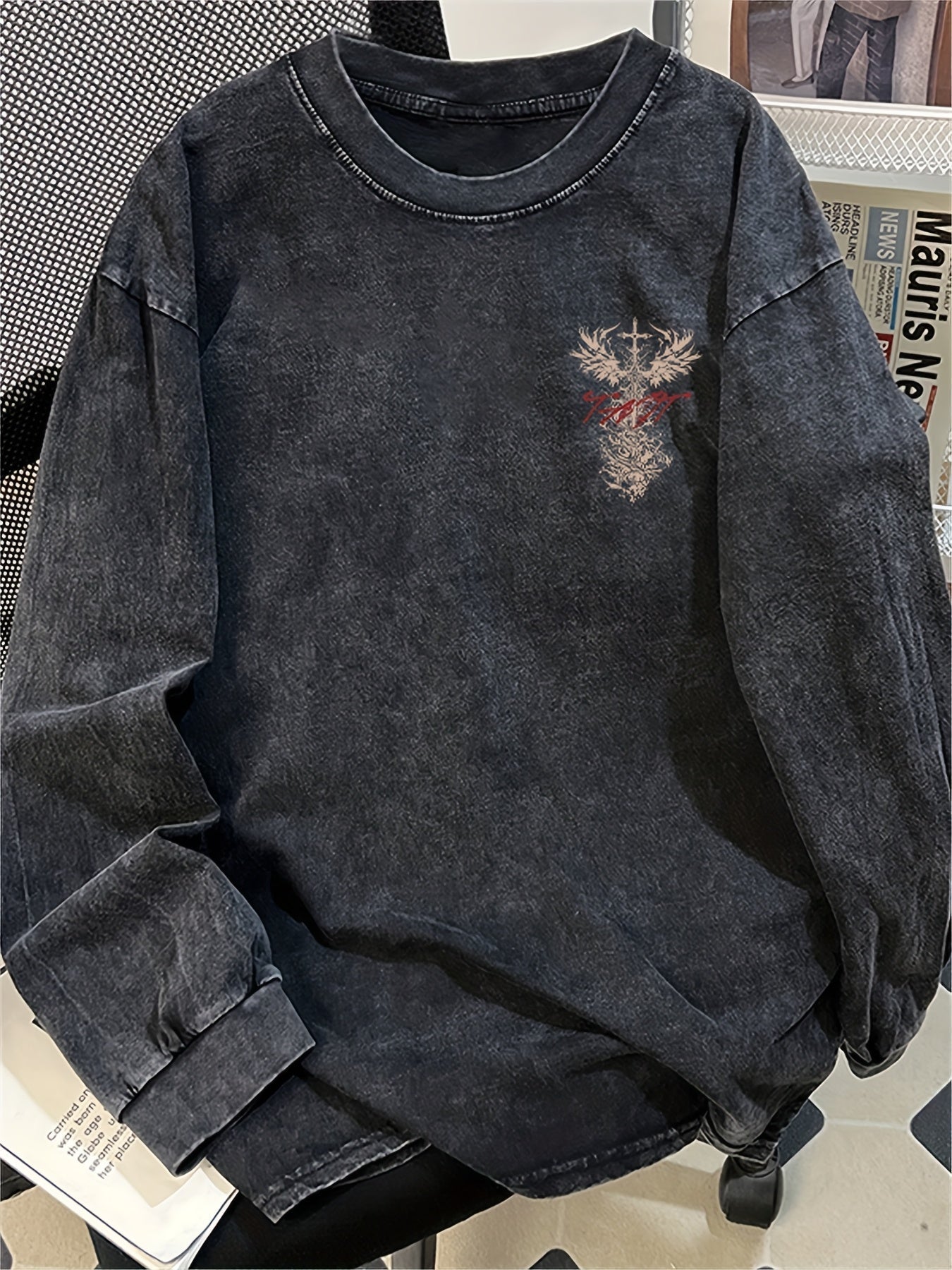 Unisex long-sleeve shirt with graphic print, acid-wash look, dark gray