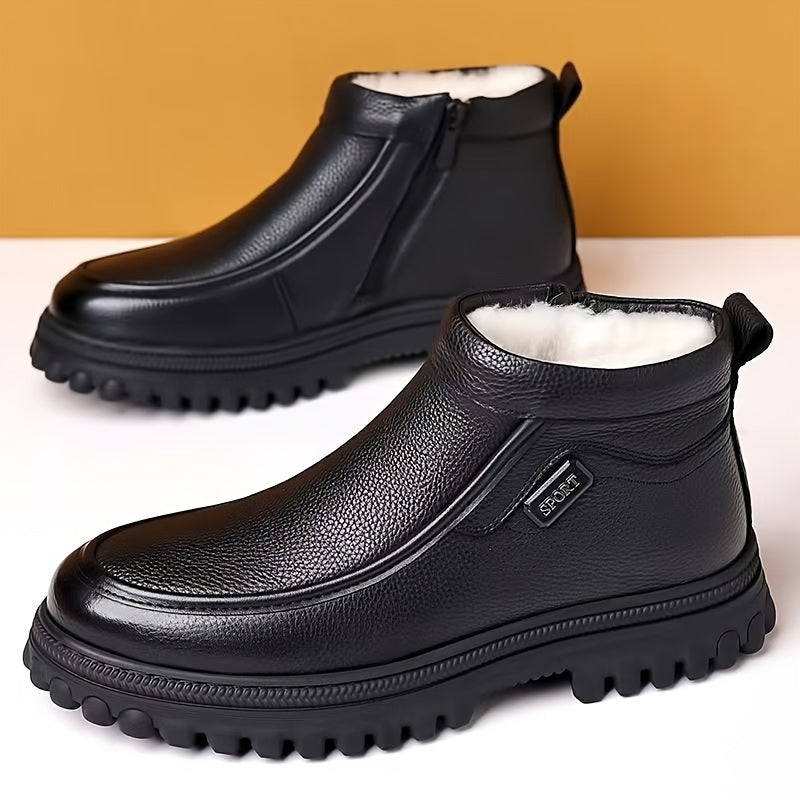Men's black winter boots, lined, with a zipper and lug sole