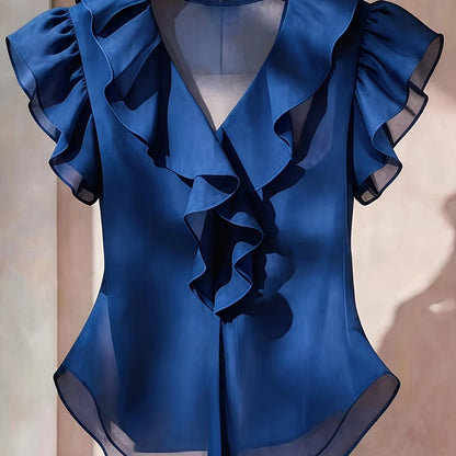 Women's blouse with ruffles and V-neck – Elegant frilled blouse for office and leisure