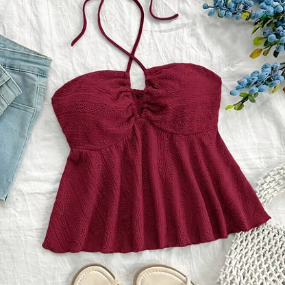 Women's Vintage Halter Babydoll Top with Embroidery – Summer Casual Top