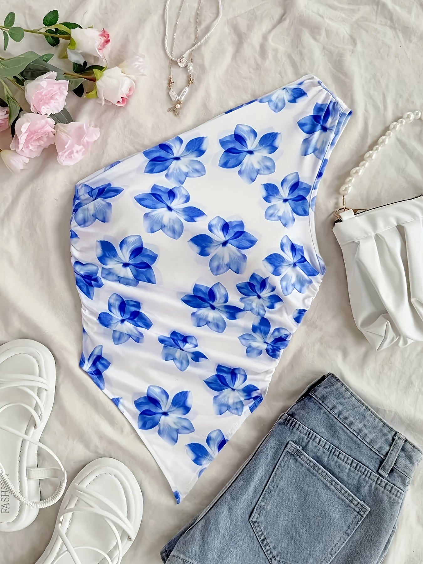 Women's One-Shoulder Swimsuit Elegant Floral Pattern for Spring & Summer