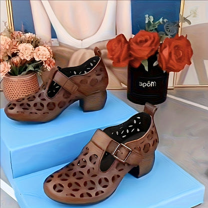Women's Mary Jane Block Heel Shoes – Fashionable with Cut-Out Design, Everyday & Casual