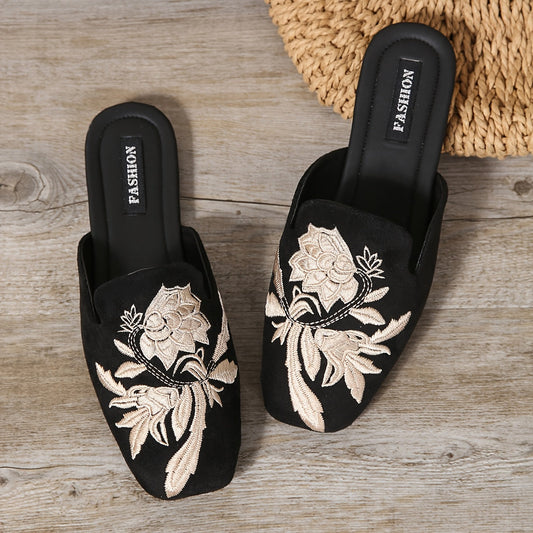 Women's Embroidered Slip-On Sandals – Fashionable Casual Shoes with Floral Pattern