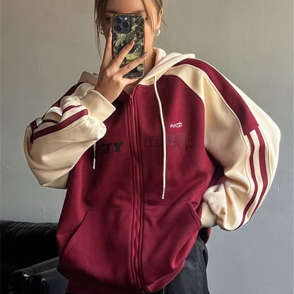 Unisex Kapuzenpullover mit Reißverschluss und Streifen-Design, Rot-Creme