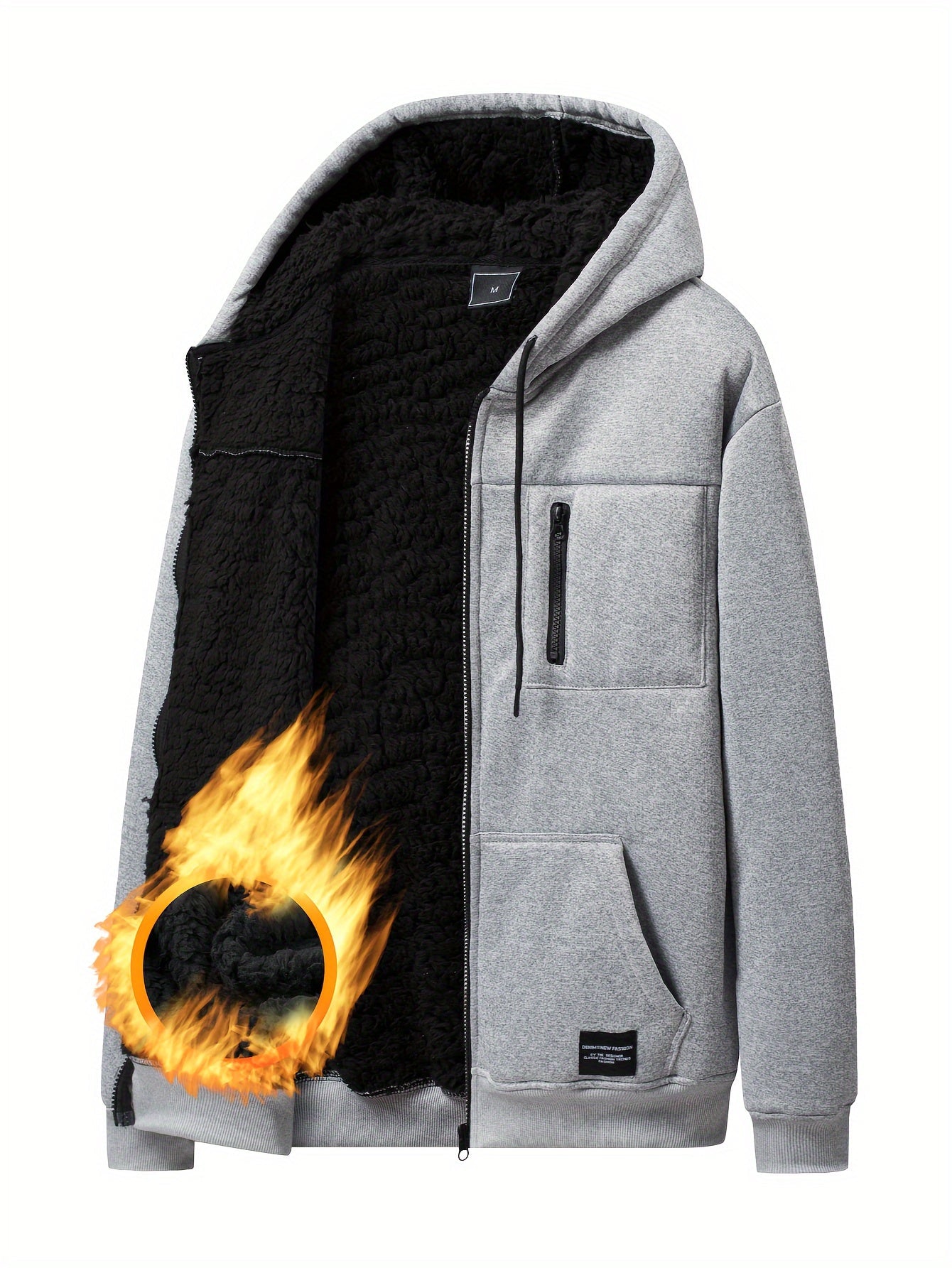 Grauer Herren Kapuzenpullover mit Reißverschluss und Teddyfutter