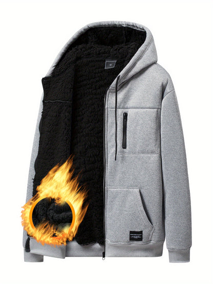 Grauer Herren Kapuzenpullover mit Reißverschluss und Teddyfutter