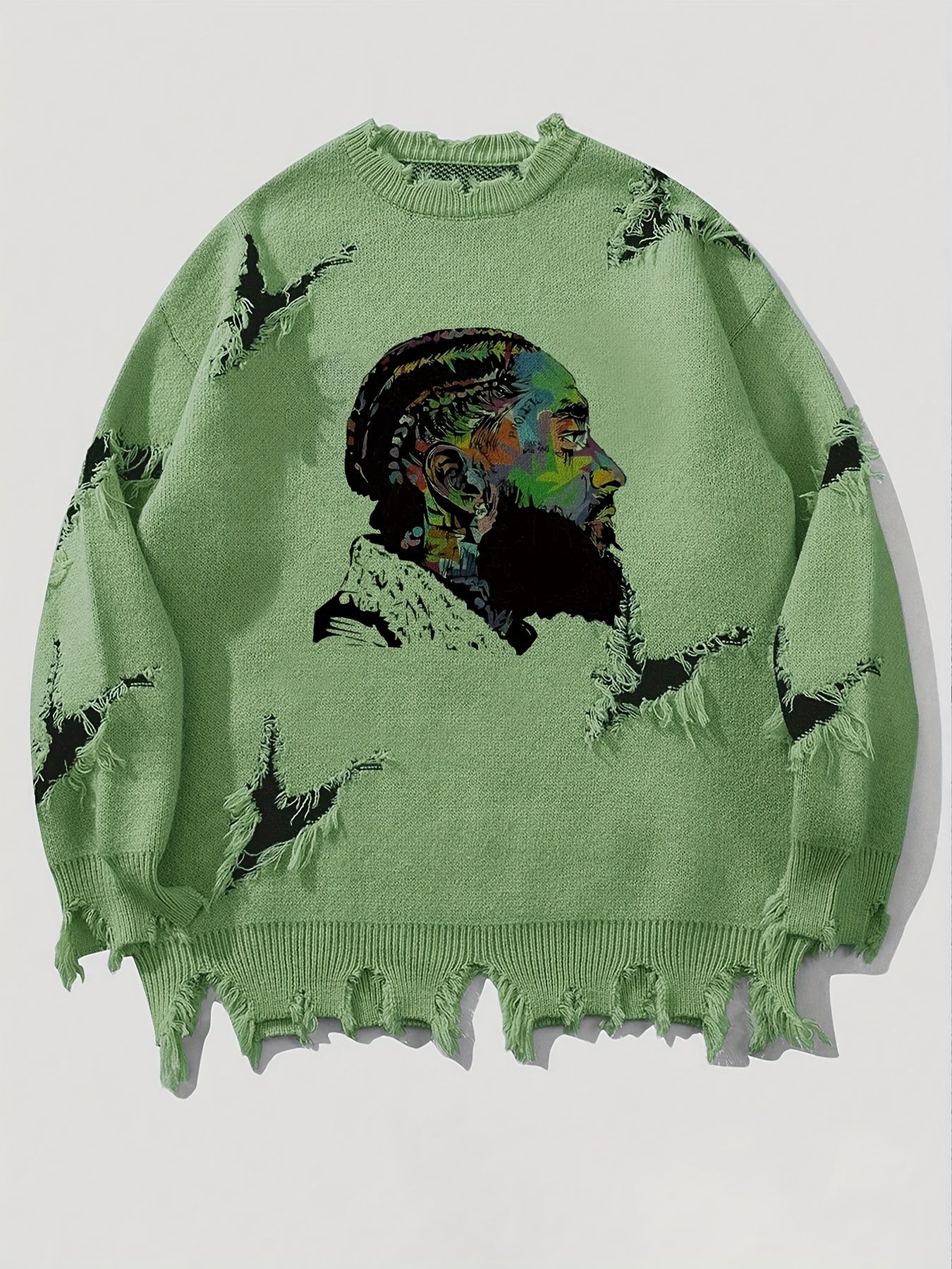 Men's chunky-knit crew-neck sweater with colorful portrait print and distressed details