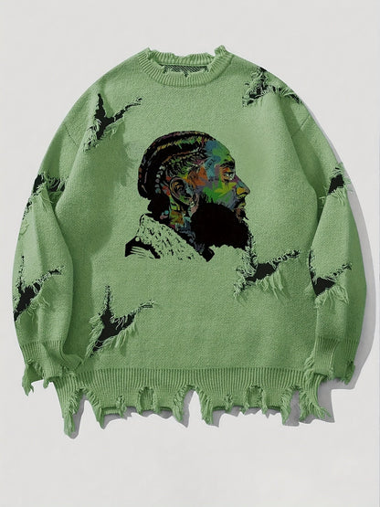 Men's chunky-knit crew-neck sweater with colorful portrait print and distressed details