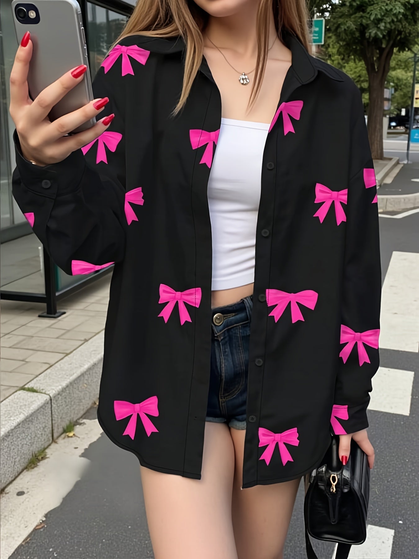 Damen Bluse Schwarz mit Pinken Schleifen-Muster Hemdbluse Locker Geschnitten