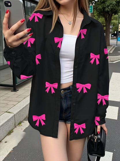 Damen Bluse Schwarz mit Pinken Schleifen-Muster Hemdbluse Locker Geschnitten