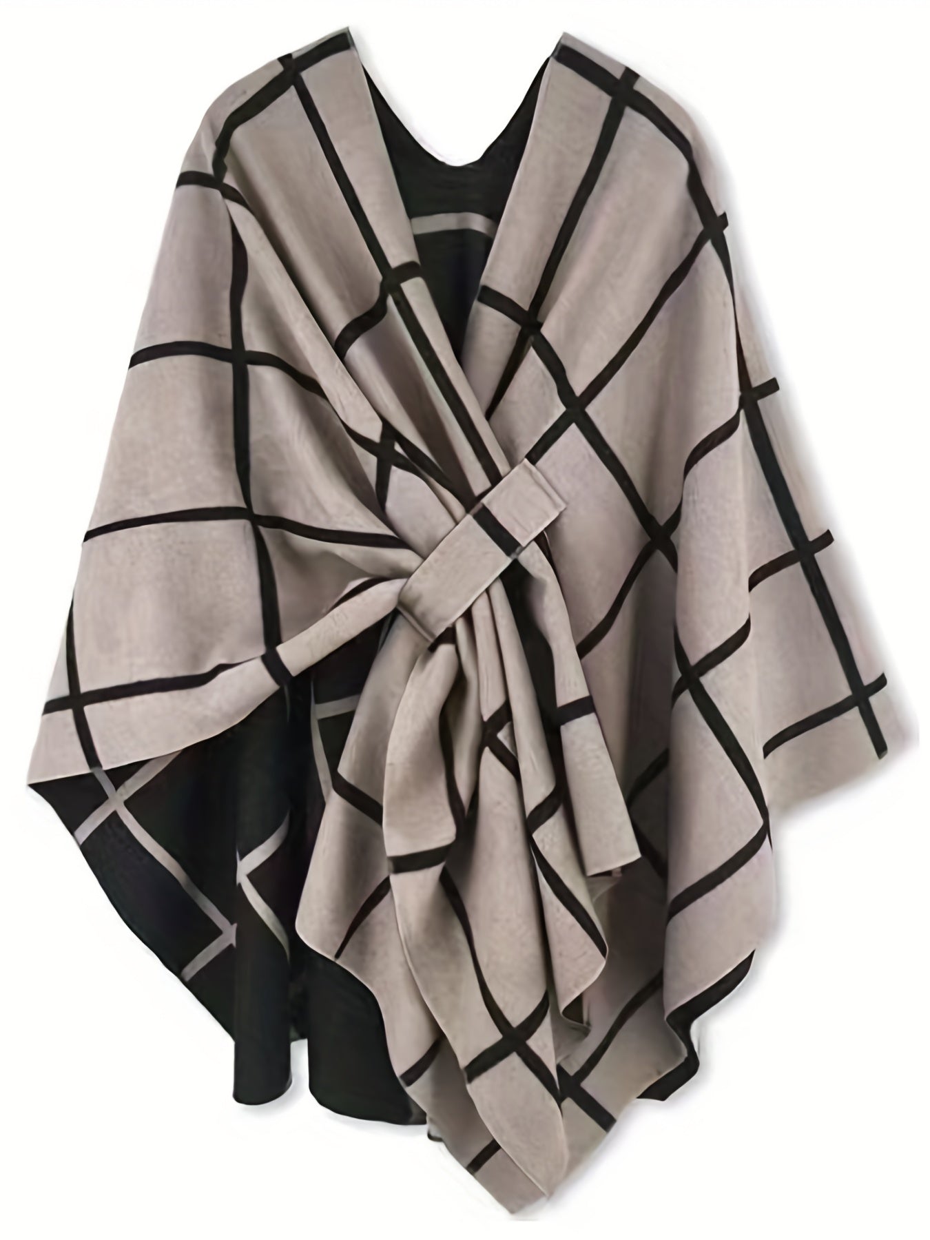Damen Poncho Kariert Beige Schwarz mit Bindedetail