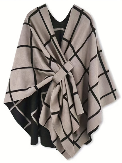 Damen Poncho Kariert Beige Schwarz mit Bindedetail
