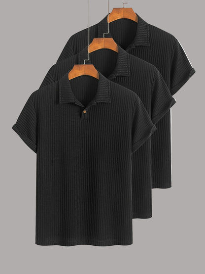 Men's Short-Sleeve Polo Shirt Set – Modern Waffle Pattern, Classic Casual Style, 3-Pack