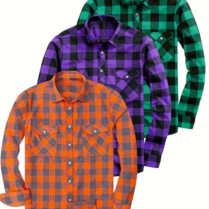 Men’s plaid long-sleeve casual shirt with chest pockets