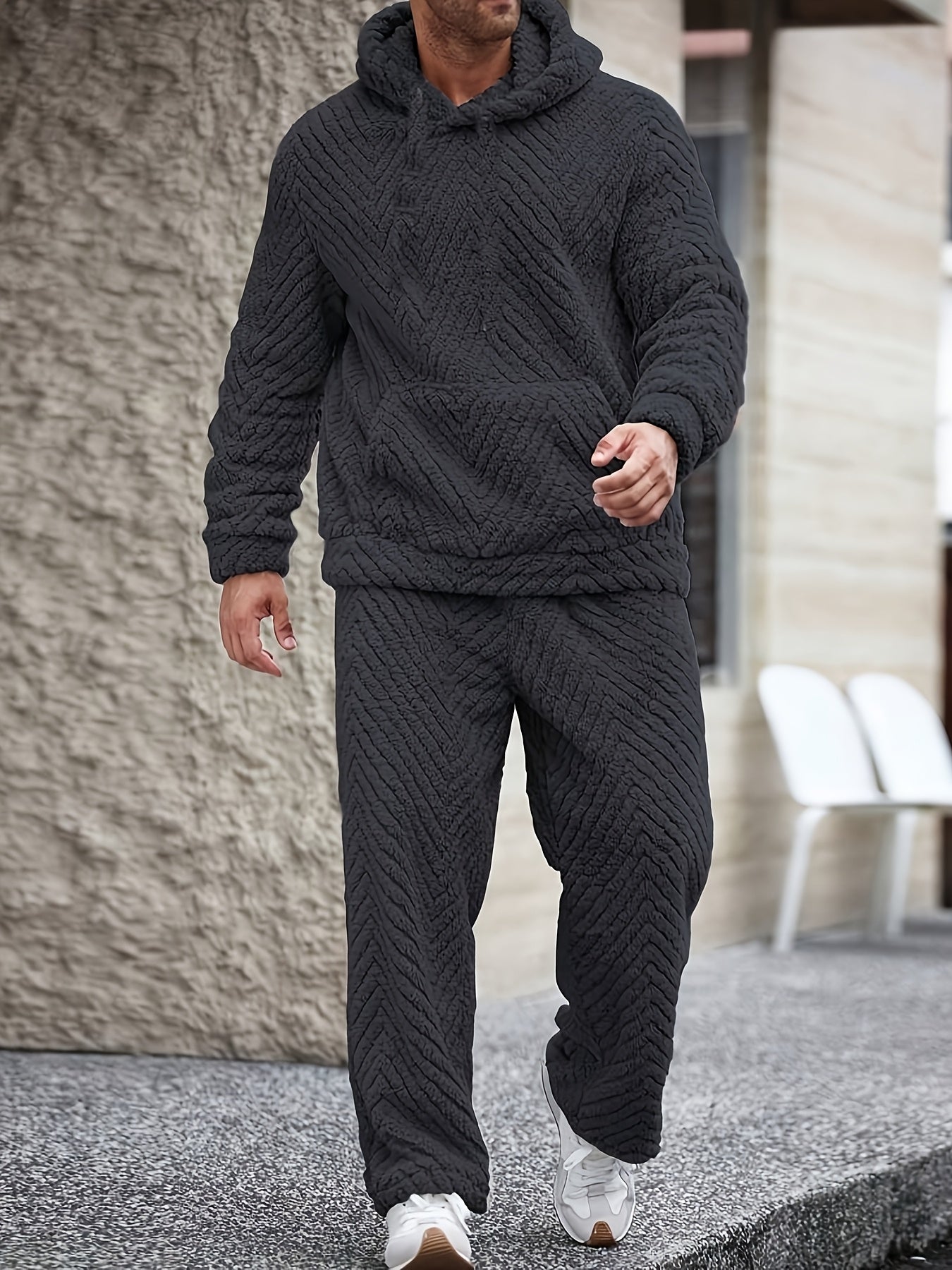 Men's Lounge Set Sherpa Hoodie & Herringbone Pants