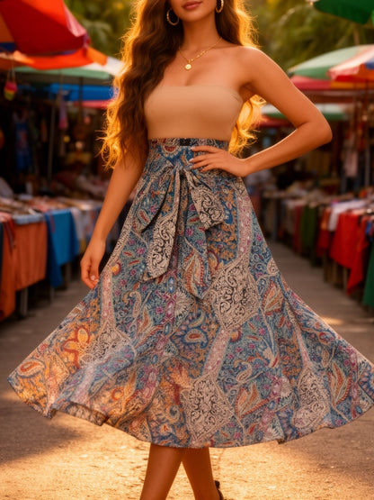Women's Elegant Boho Midi Skirt with Paisley Pattern and Bow Detail – Perfect for Spring & Summer