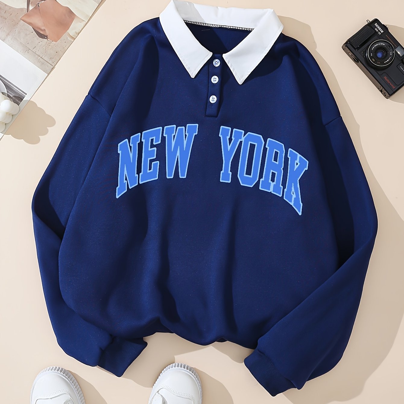 Unisex Langarm Sweatshirt Polo-Kragen "NEW YORK" Marineblau