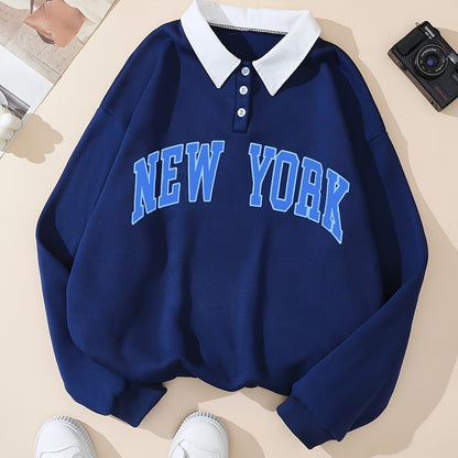 Unisex Langarm Sweatshirt Polo-Kragen "NEW YORK" Marineblau