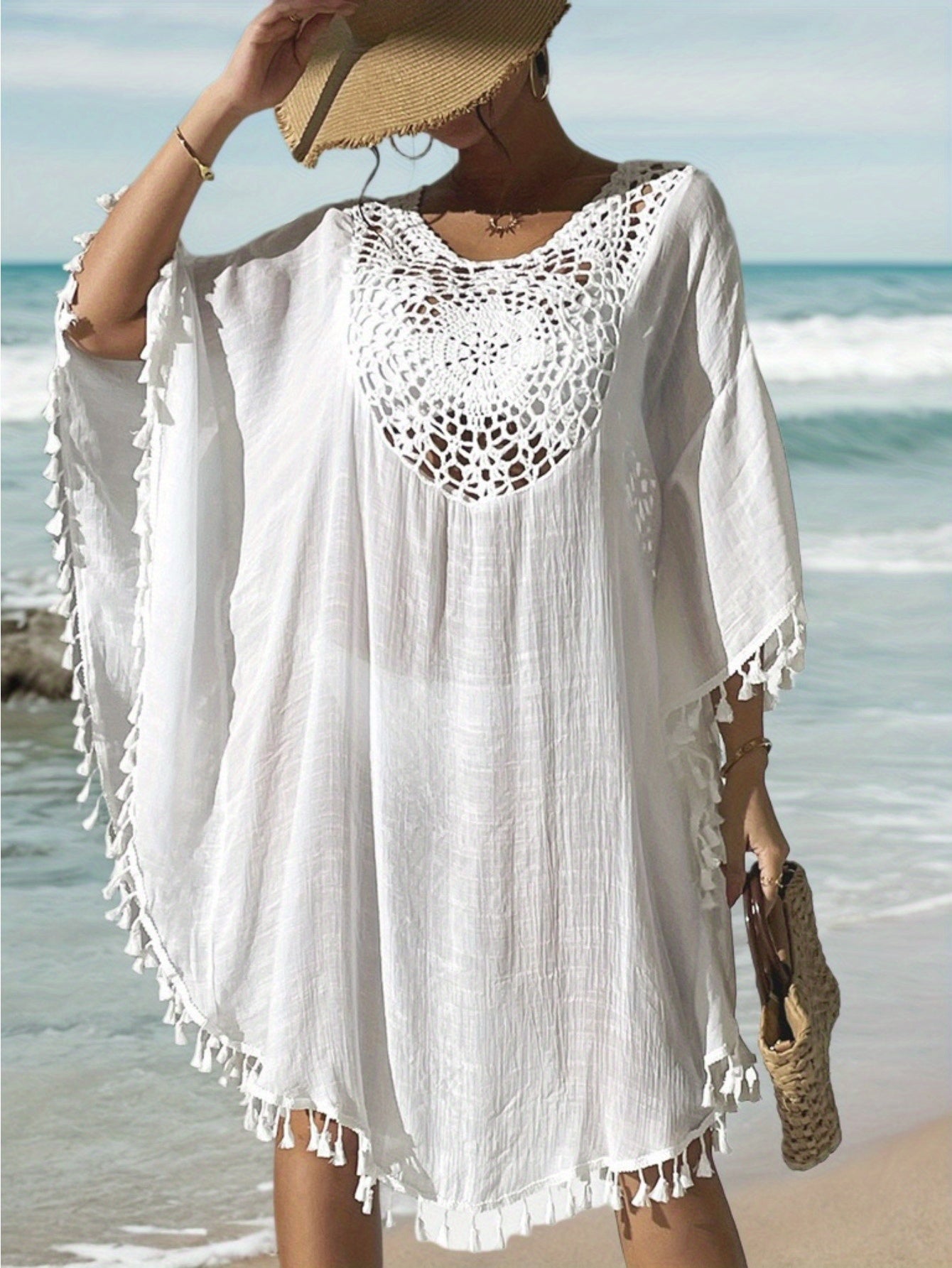 Women's Boho Beach Poncho Kaftan with Crochet Detail and Tassels – Perfect as a Beach Cover-Up