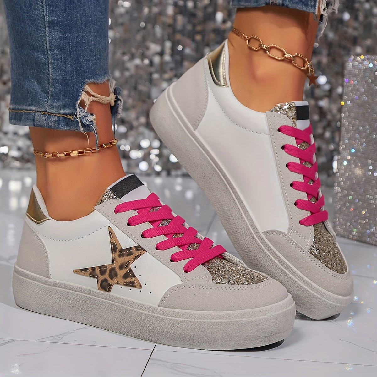 Damen Sneaker im Casual Stil mit Glitzerstern – Modische Freizeitschuhe für Alltag und Streetwear