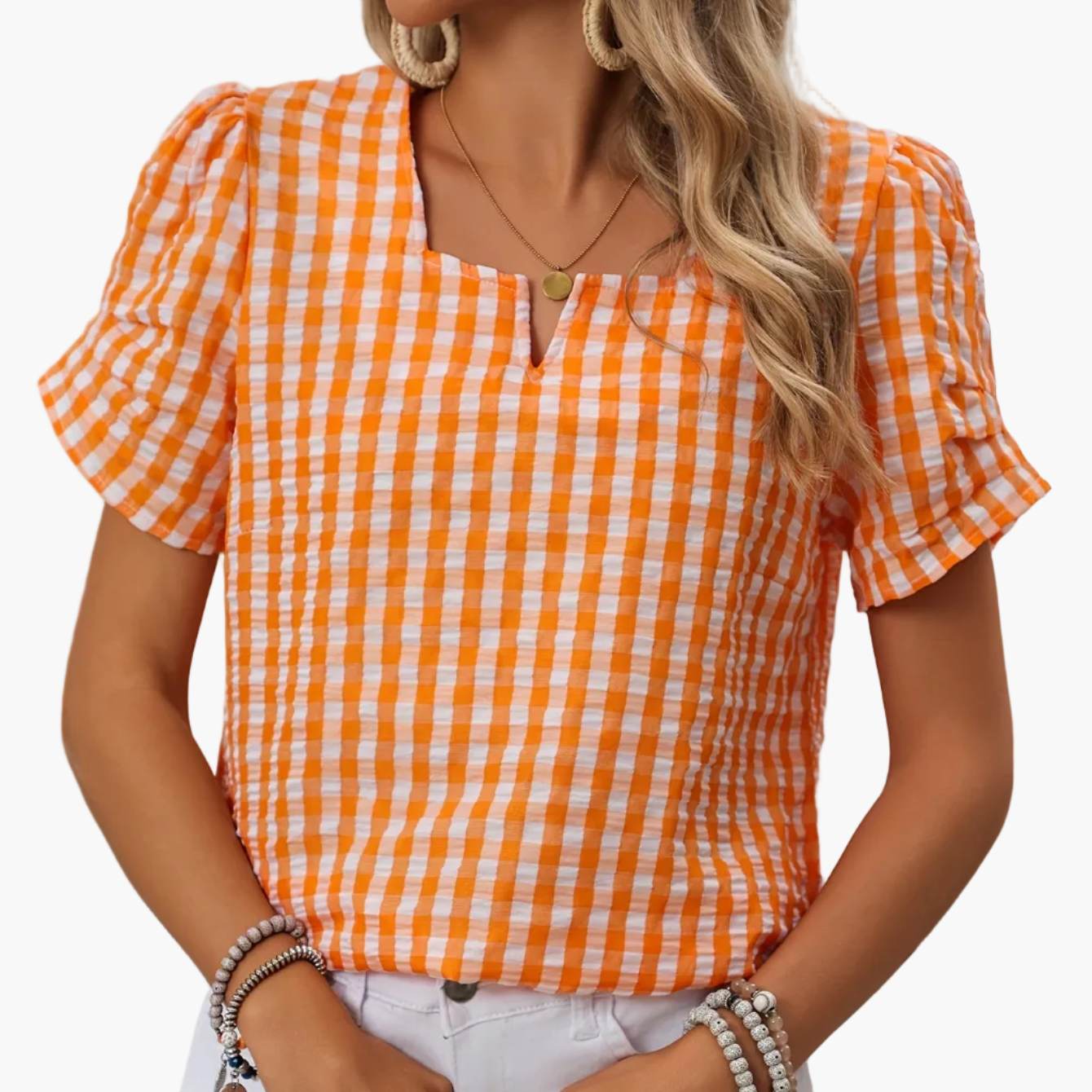 Women's Elegant Checked Blouse with Neckline – Perfect for Spring & Summer