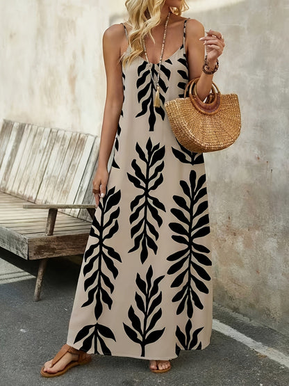 Damen Maxi Sommerkleid mit botanischem Print und Spaghettiträgern – Lässiger Boho-Stil für Urlaub & Alltag