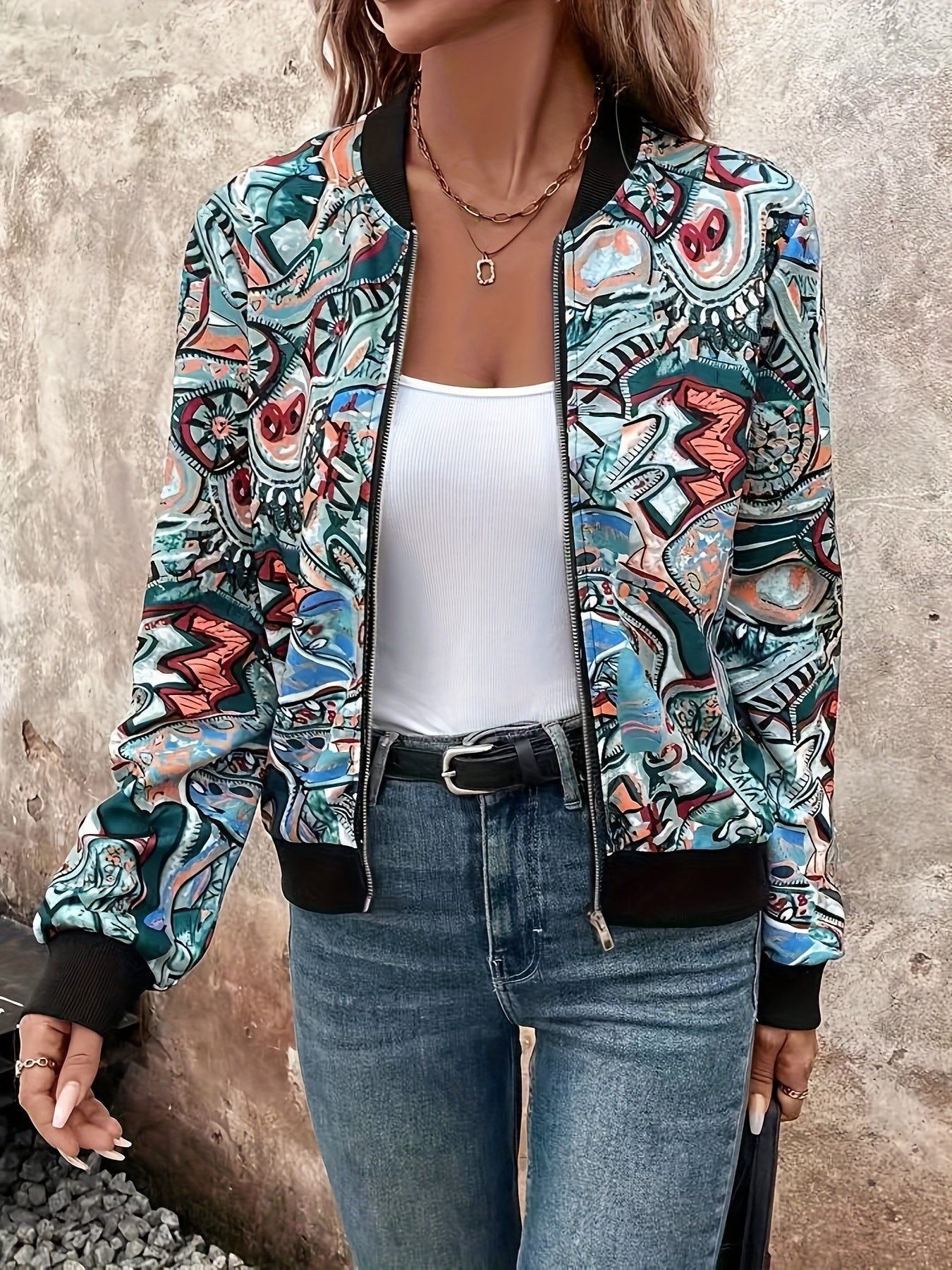 Women's bomber jacket with cartoon print for leisure and vacation