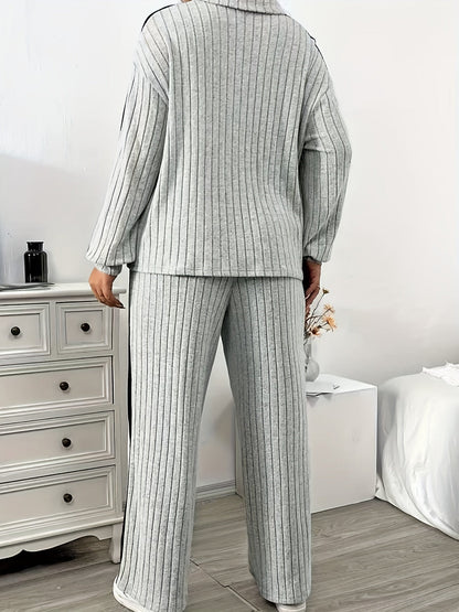 Ribbed women’s lounge set, two-piece sweater with zipper and wide-leg pants