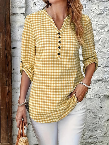 Women's blouse with check pattern and V-neck – casual shirt blouse for spring and summer