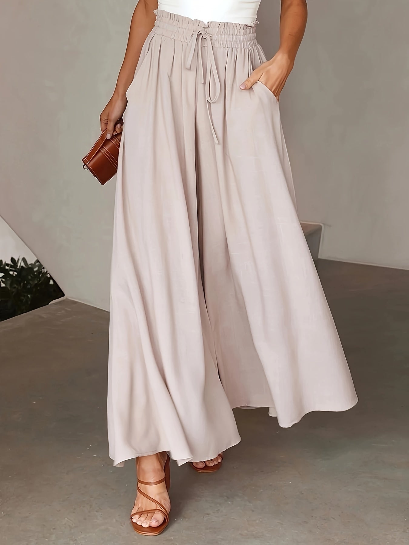 Women's Elegant Wide High Waist Palazzo Pants with Pockets – Perfect for Office & Leisure