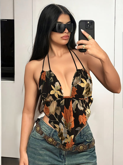 Women's bodysuit with retro print and deep neckline – Elegant one-piece for festival & leisure