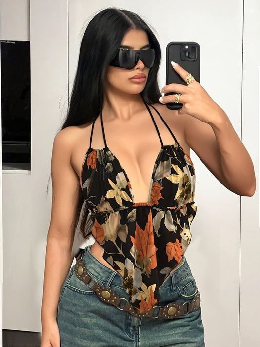 Women's bodysuit with retro print and deep neckline – Elegant one-piece for festival & leisure