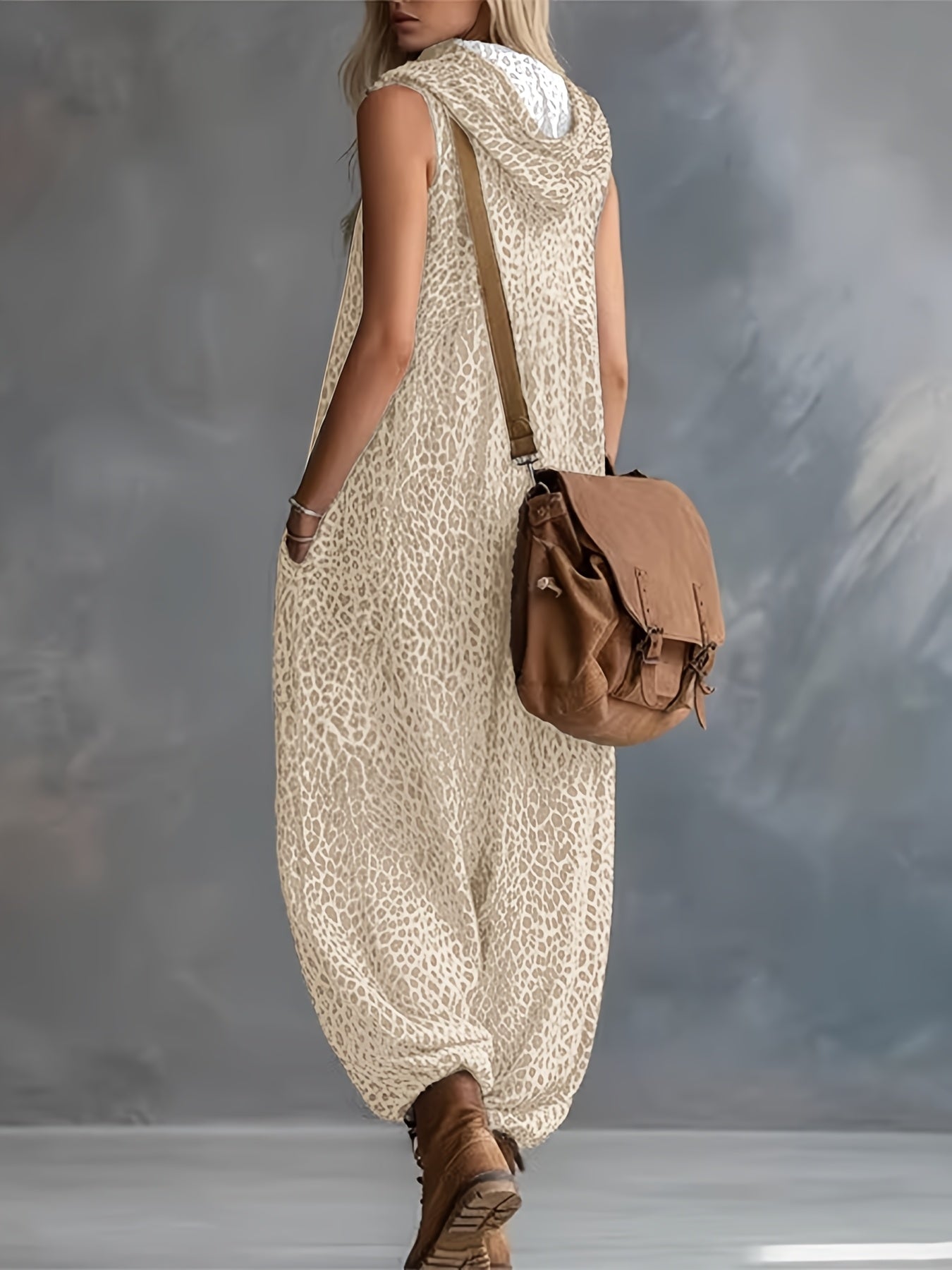 Damen Jumpsuit ärmellos mit Kapuze Animal-Print lockere Passform