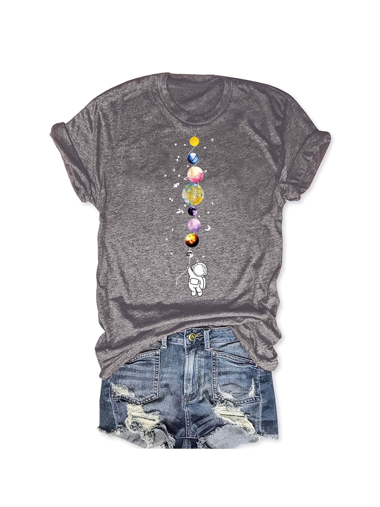 Women's T-Shirt with Astronaut and Planets – Casual Style for Everyday and Leisure – Galaxy & Space Design