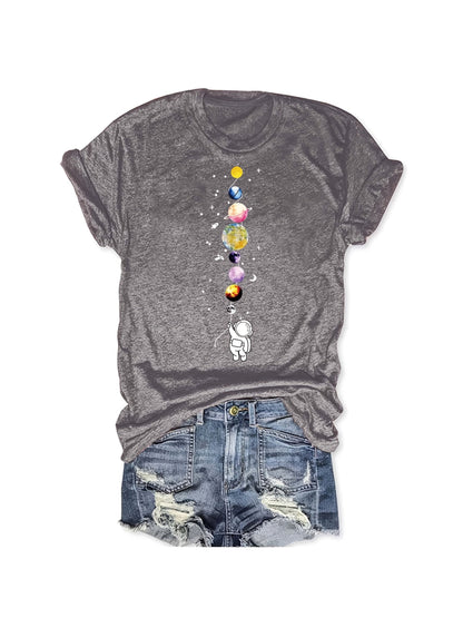 Women's T-Shirt with Astronaut and Planets – Casual Style for Everyday and Leisure – Galaxy & Space Design