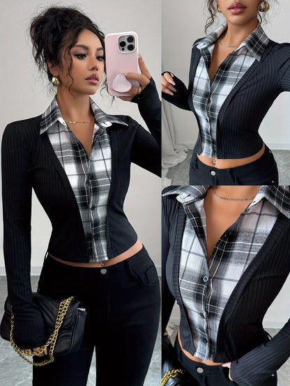 Women's black long-sleeve top with a checked blouse look