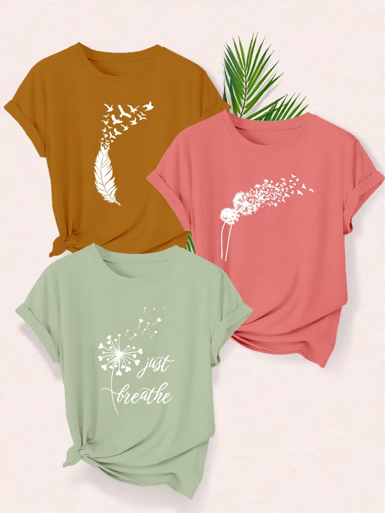 Women's Graphic T-Shirt with Nature Motifs and Inspirational Quote – Short Sleeve, Casual, Modern