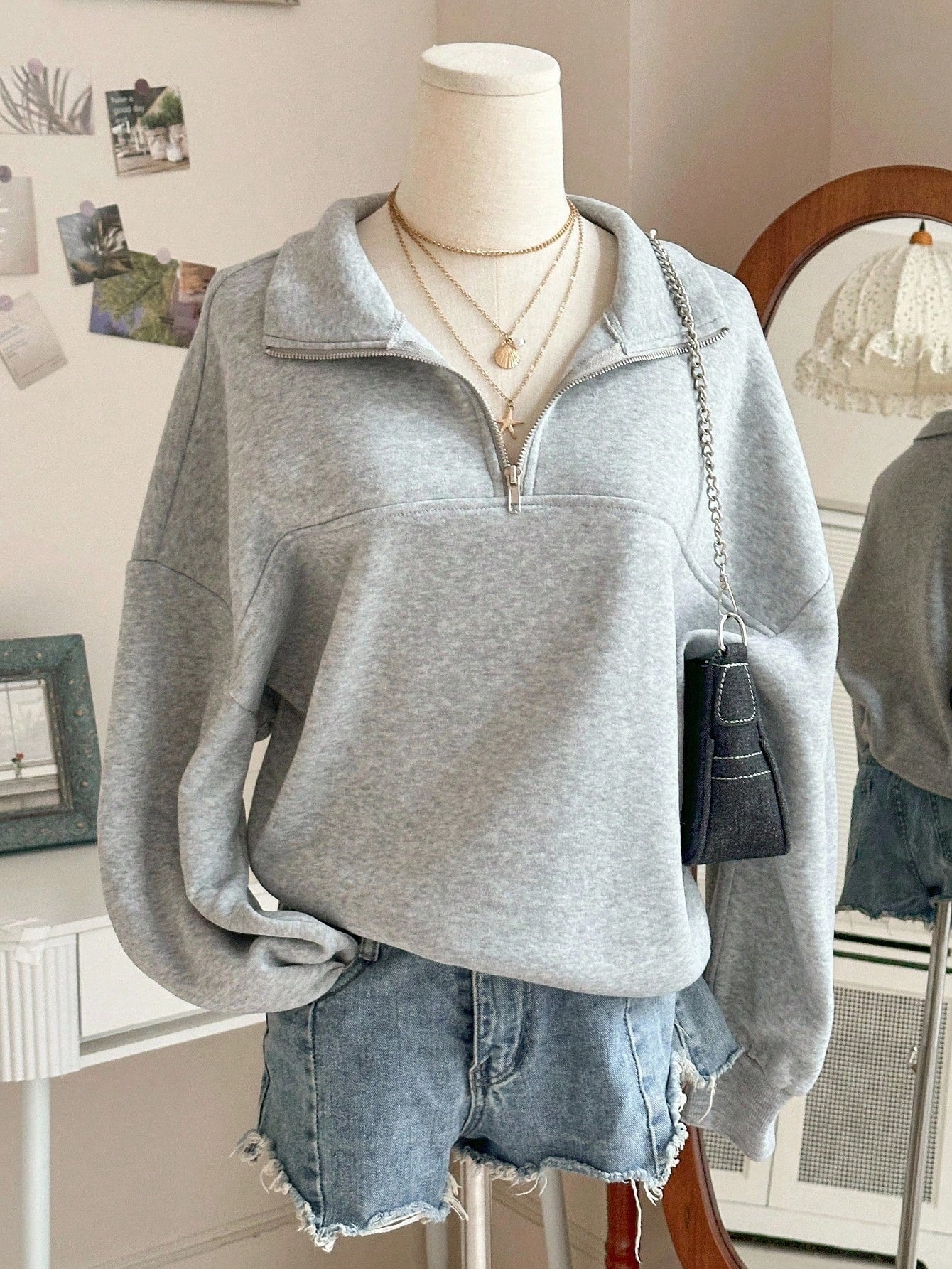 Half-zip sweatshirt, gray, oversized fit