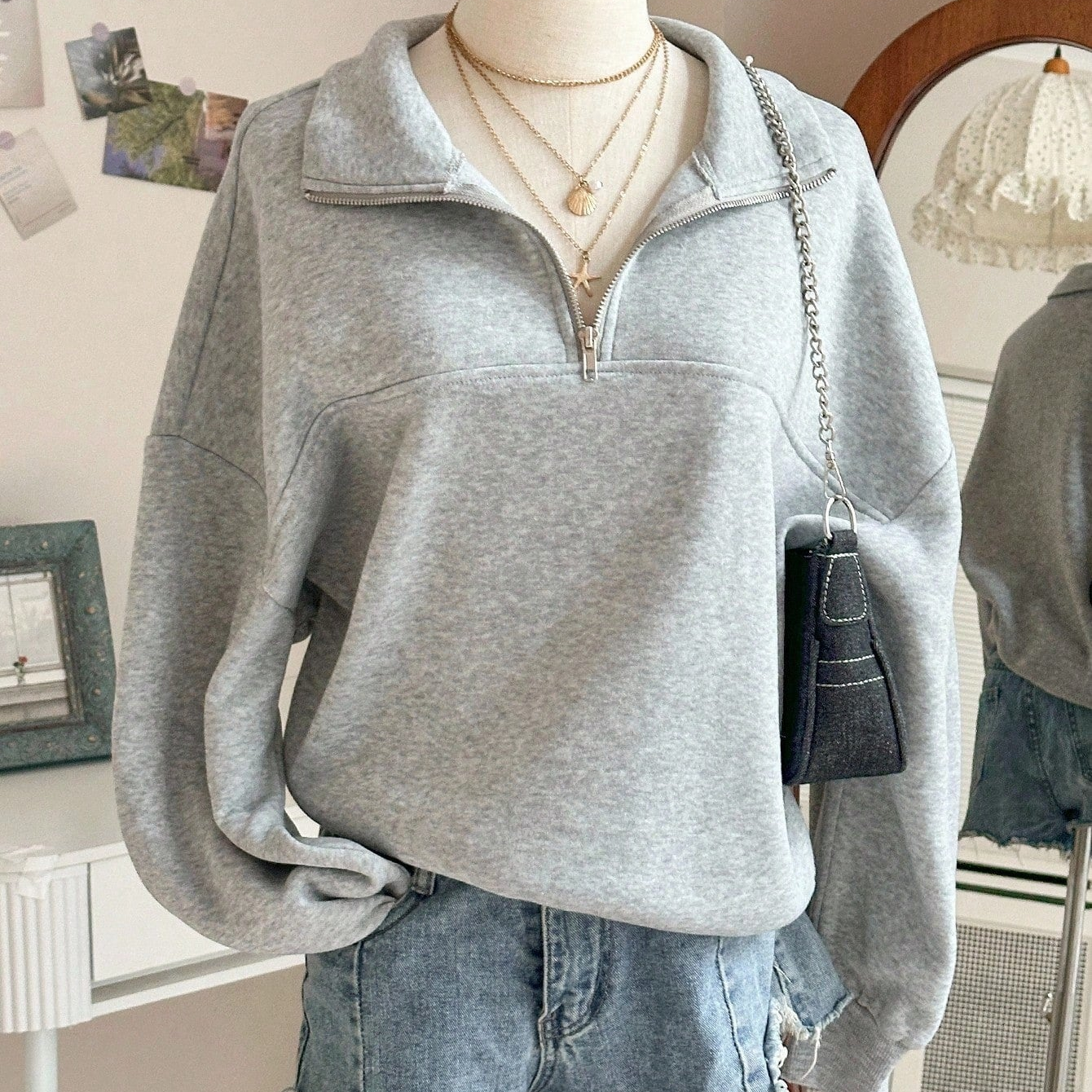 Half-zip sweatshirt, gray, oversized fit