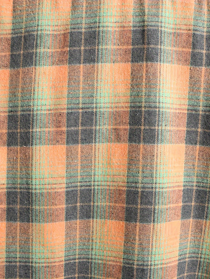 Men's orange and green plaid long-sleeve casual shirt with button placket