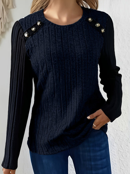 Damen Langarmshirt Gerippt mit Knopfleiste Kontrastärmel Schwarz