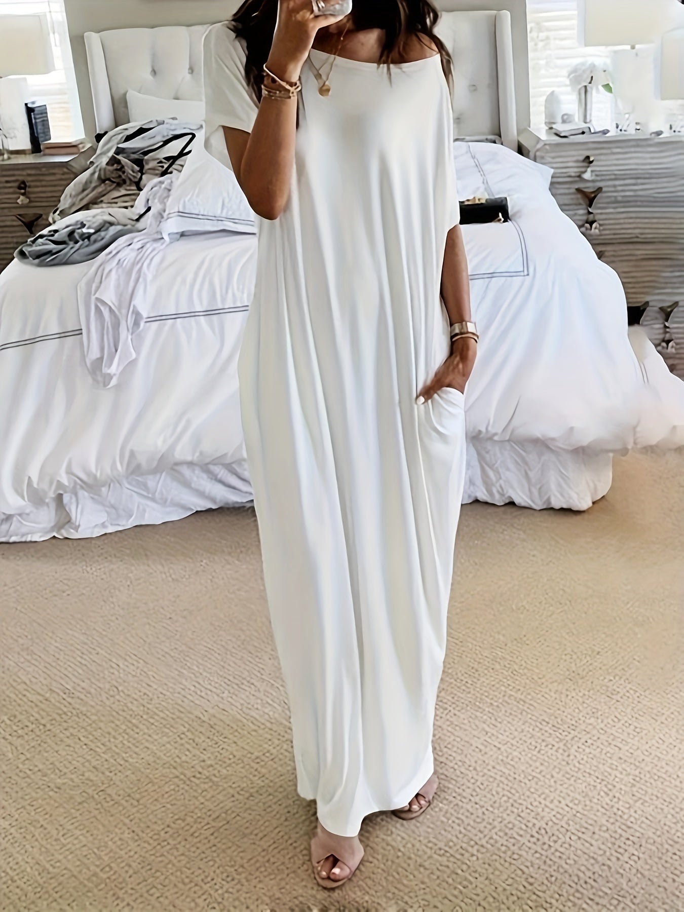 Women's Maxi Dress Loose Casual Summer Leisure Dress with Short Sleeves