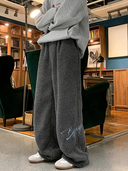 Wide Teddy Fleece Pants Unisex Plush Sweatpants Dark Gray
