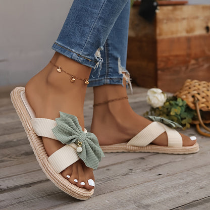 Women's Vintage Summer Slides with Large Bow and Toe Strap – Comfortable Casual Sandals