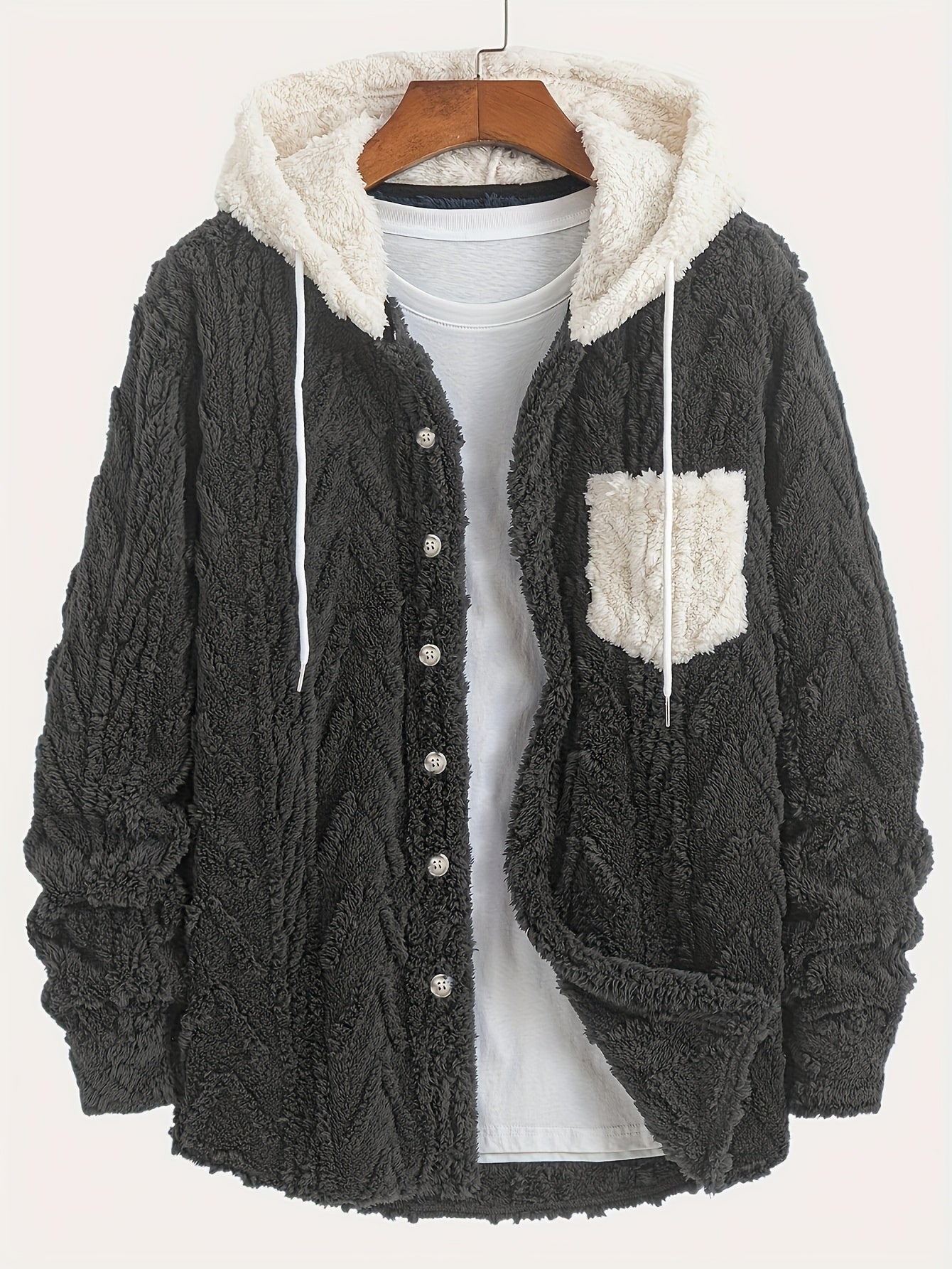 Men's teddy fleece jacket with hood and chest pocket