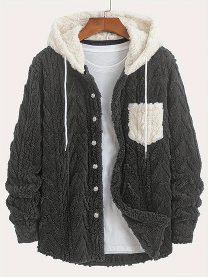 Men's teddy fleece jacket with hood and chest pocket