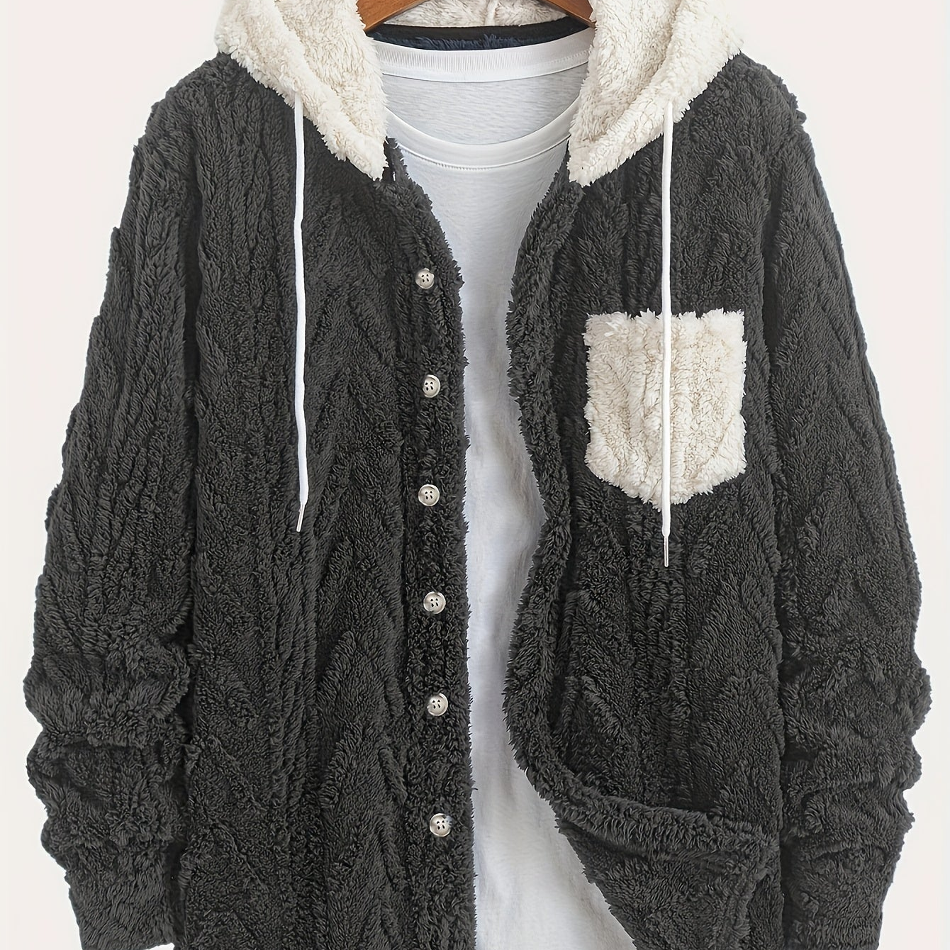 Men's teddy fleece jacket with hood and chest pocket