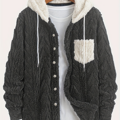 Men's teddy fleece jacket with hood and chest pocket