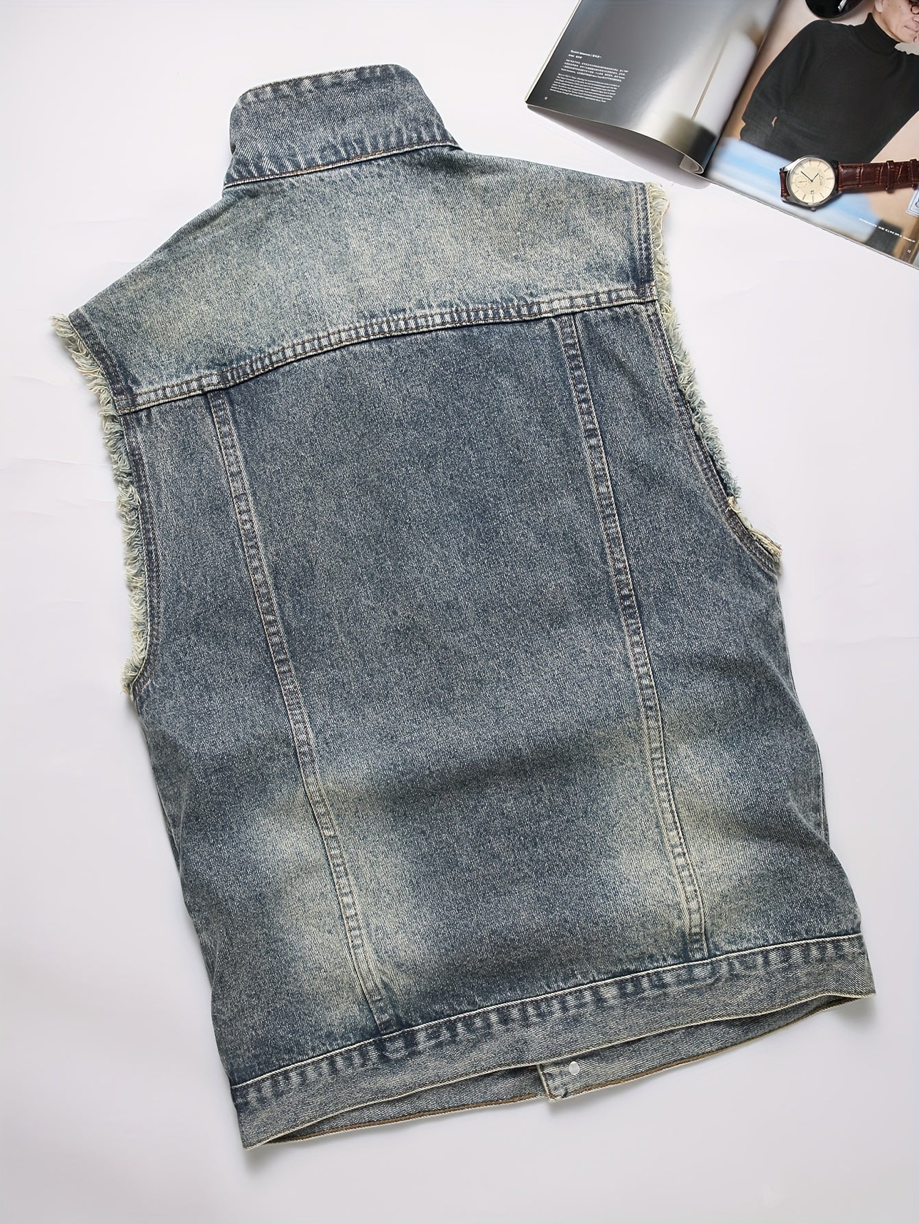 Jeansweste ärmellos für Herren, abgenutzt, mit Knopfverschluss, Blau