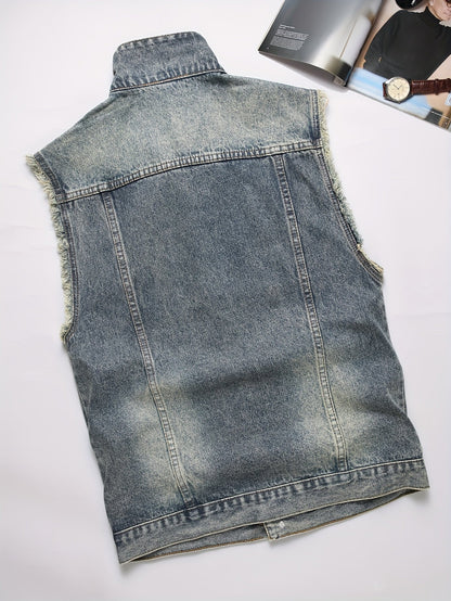Jeansweste ärmellos für Herren, abgenutzt, mit Knopfverschluss, Blau